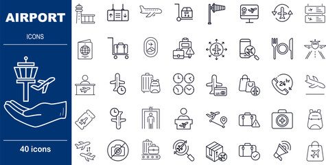 40 Line Style Airport Icons Aviation, Air Travel Services and Terminal Facility Symbols