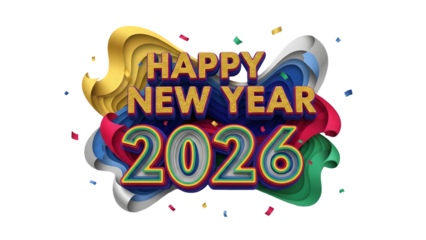 Colorful happy new year 2026 text design isolated on transparent background
