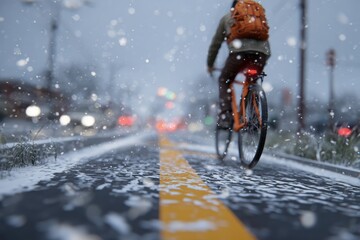 Fototapeta premium Cyclist Riding in Light Snow on Winter-Ready Bike Lane with Visible Markings