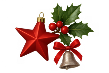 Christmas holiday decorations with red star ornament, holly berries, and silver bell with red bow, transparent background