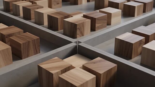 Rows of natural wooden cubes arranged in metal trays, geometric layout with warm tones, close view.!