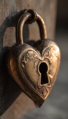 Antique Heart Lock with Brass Key in Morning Light, Soft Focus Photography