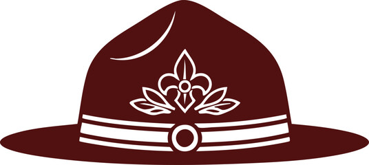 Maroon campaign hat vector illustration featuring a stylized white fleur-de-lis emblem, representing scouting leaders, park rangers, or drill sergeants in a flat design style