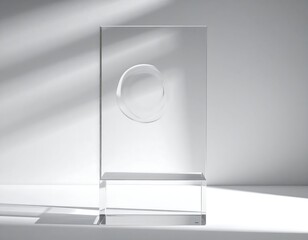 Clear rectangular glass block with a circular indentation, standing on a transparent base, illuminated by strong light creating sharp shadows on a white background.