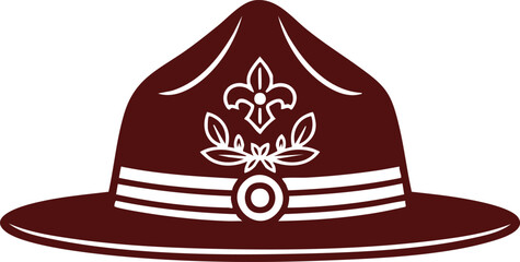 Maroon campaign hat vector illustration featuring a stylized white fleur-de-lis emblem, representing scouting leaders, park rangers, or drill sergeants in a flat design style