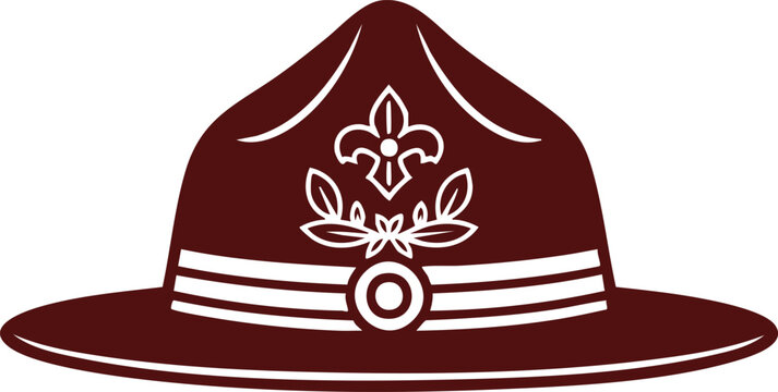 Maroon campaign hat vector illustration featuring a stylized white fleur-de-lis emblem, representing scouting leaders, park rangers, or drill sergeants in a flat design style