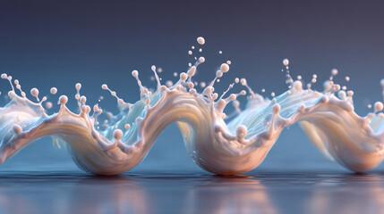 Dynamic milk-like splash creates a rhythmic wave and suspended droplets, highlighted by soft light on a blue-purple backdrop. Perfect for purity, wellness, minimal branding, and tech metaphors