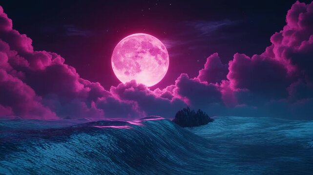 Neon pink moon illuminating surreal ocean seascape at night