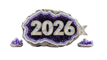 Amethyst crystal slice with 2026k text isolated on transparent background