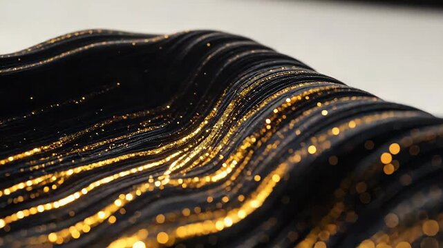 Gold glitter particles flowing swirling on dark waves