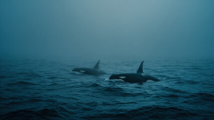 Fototapeta premium Calm ocean with two orca whales swimming near the surface in foggy weather surrounded by dark blue water and misty atmospheric conditions