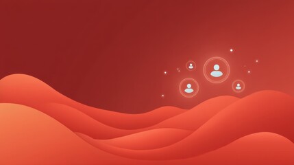 Abstract Illustration of User Icons Floating Above Smooth Red Waves, Representing Online Community and Social Interaction Concepts