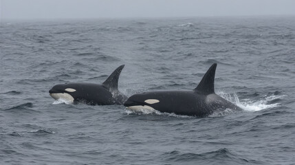 Fototapeta premium Orca whales swimming close to each other on the ocean surface with dorsal fins above water under cloudy sky calm sea conditions during daytime marine wildlife animals.