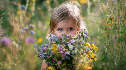 Little child hidden behind a bouquet of wildflowers  in a meadow.