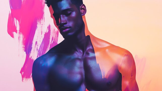 Retro illustration, double exposure of an African male model, purple and yellow color pallet