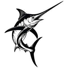Black and white illustration of a marlin fish with its mouth open