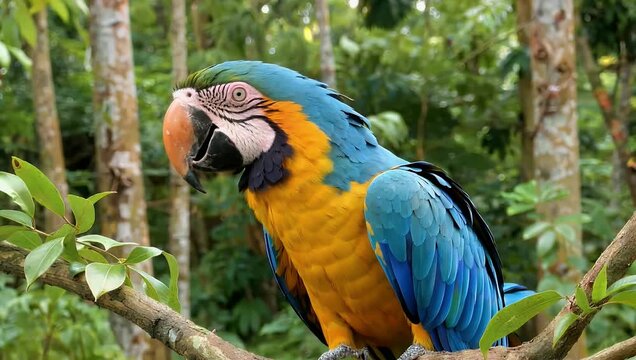 Sharp 4K wildlife portrait of colorful blue and yellow macaw perched on tree branch within jungle setting revealing fea r texture vibrant color and exotic bird