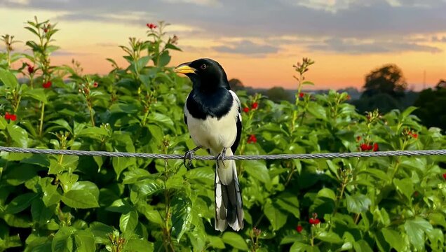 Elegant 4K wildlife moment capturing magpie calling from metal clo sline framed by leafy bushes and softened evening light that highlights its glossy fea rs and alert