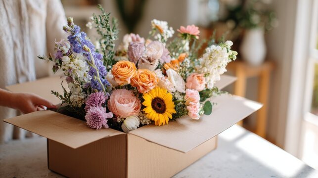 Medium shot of a curated floral subscription box being unwrapped showcasing a thoughtfully arranged mix of seasonal flowers in a bright stylish setting.