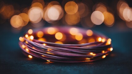 Softly glowing fairy lights wrapped in intricate wire strands creating a whimsical ambiance for various occasions and decorations at night time