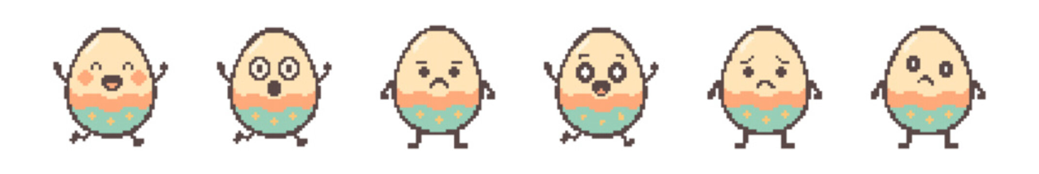 Charming pixel art Easter eggs express a range of emotions from joy to sadness. Adorable retro 8-bit characters perfect for holiday designs and games.