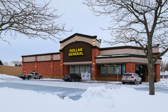 Utica, NY - Dec 9, 2025: Dollar General, with a winter view, is a U.S. discount retailer founded in 1939, operating over 19,000 stores nationwide with a focus on low-cost everyday essentials