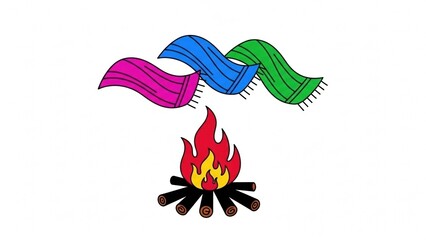 Lohri fire celebration icon in vibrant colors, minimalist vector art with colorful scarves waving on white background, symbolizing Indian winter harvest festival tradition