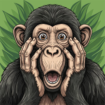 Surprised Chimpanzee Covering Eyes with Hands in Shock and Fear.