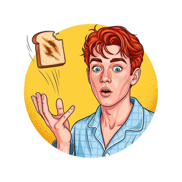 Surprised Man with Toast, Breakfast Mishap, Morning Shock, Food Fumble.