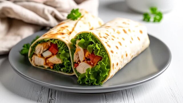 Delicious Chicken Wraps with Fresh Ingredients and Savory Flavors in a Rustic Setting