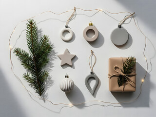 Elegant flat lay of minimalist Christmas decorations with a natural pine branch and sparkling lights on a white background, capturing serene holiday spirit and modern festive charm