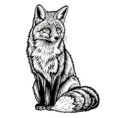 Detailed Black and White Illustration of a Seated Fox with Fluffy Tail.