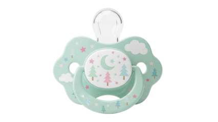 A close-up shot of a cute pacifier with a night sky design. The pacifier is in a mint green color Isolated on a transparent background.