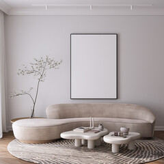 Modern Living Room Poster Frame Mockup with Natural Light and Minimalist Decoration. 3D render.