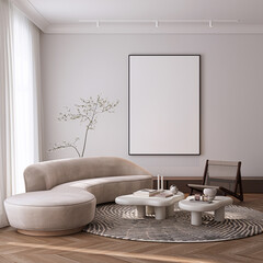 Modern Living Room Poster Frame Mockup with Natural Light and Minimalist Decoration. 3D render.