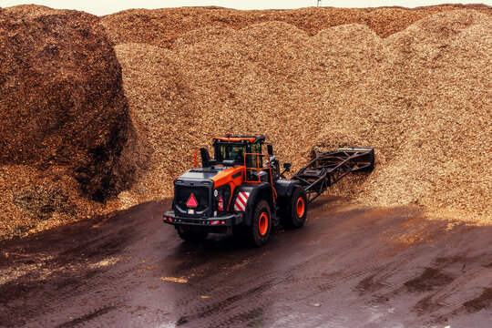 Industrial loader working with large piles of wood chips at a processing facility. The scene shows heavy machinery handling biomass material used in pulp production or energy processing.