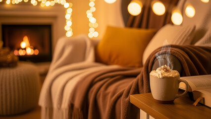 Cozy Evening Relaxation with a Steaming Mug of Hot Chocolate by a Warm Fireplace and Twinkling Lights