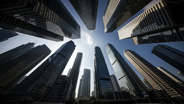 Looking up at a cluster of modern skyscrapers from a low angle, with the sun shining through the gaps.