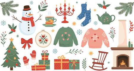 Winter holiday cozy elements, festive home decor, Christmas fireplace, seasonal warmth, gift boxes, snowman, flat vector illustration