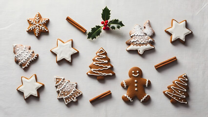 A delightful assortment of festive Christmas cookies, including gingerbread men, stars, and trees, adorned with icing and accompanied by cinnamon sticks and holly sprigs, evoking a warm holiday spirit