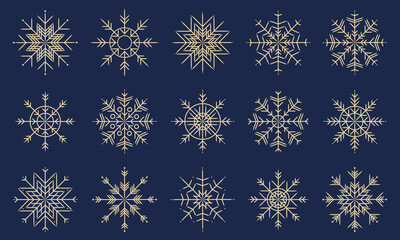 Snowflake different shapes set, element for design. Christmas vintage holyday blue pattern. snow vector illustration for packaging, textile
