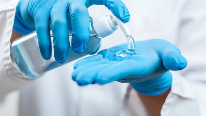 Medical Professional Applying Clear Sanitizing Gel with Blue Nitrile Gloves