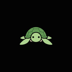 Cute cartoon green turtle illustration on black background.