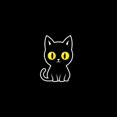 Fototapeta premium Cute cartoon black cat with big yellow eyes sitting and looking forward.
