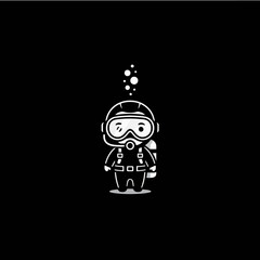 Cute Cartoon Scuba Diver with Bubbles Minimalist Black and White Illustration.