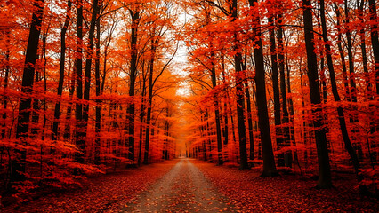 Fototapeta premium Vibrant Red Autumn Forest Path Dark Tree Trunks and Glowing Foliage Background
