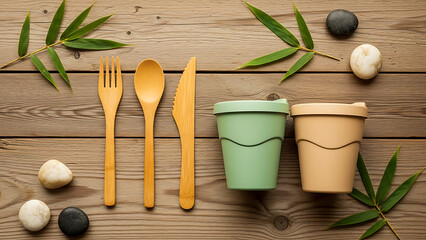 EcoFriendly Bamboo Cutlery and Reusable Coffee Cups Natural Wood Background