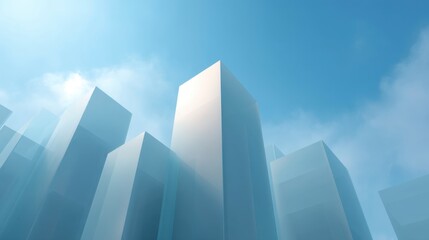 Naklejka premium Abstract View of Modern Skyscrapers Against a Blue Sky with Wispy Clouds, Highlighting Architectural Structure and Urban Landscape Aesthetics