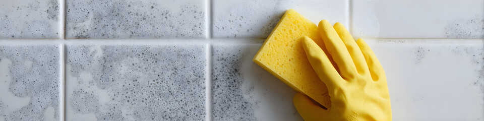 Woman in yellow glove cleaning black mold and fungus on bathroom tile with sponge and soap foam for home health.