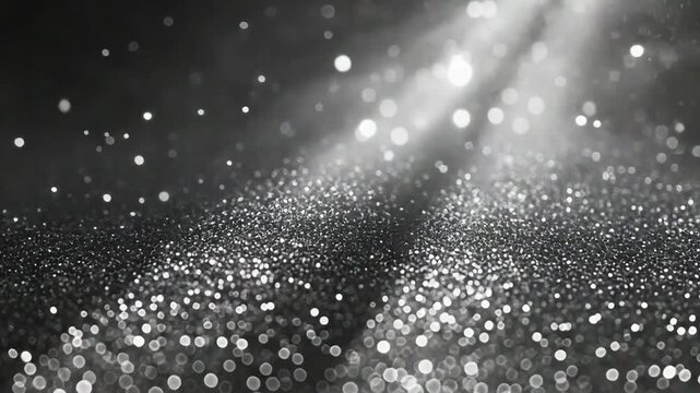 Silver glitter particles sparkling with light beams